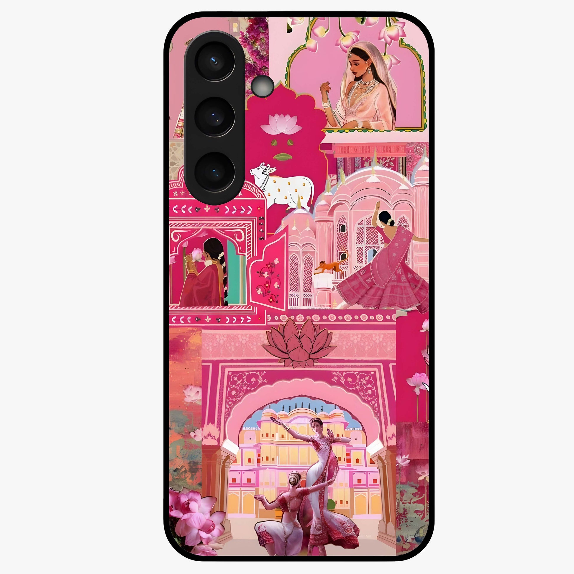 Pink Palace Muse Glass Case showing flat back view with elegant palace inspired artwork and glossy glass finish.