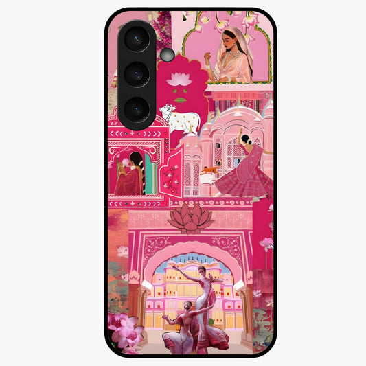Pink Palace Muse Glass Case showing flat back view with elegant palace inspired artwork and glossy glass finish.