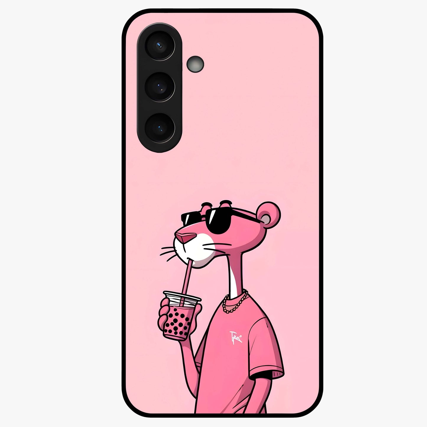 Pink Panther Glass Case showing flat back view with iconic pink panther artwork and glossy glass finish.