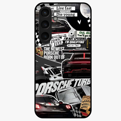 Porsche Racing Collage Glass Case showing flat back view with sports car racing collage artwork and glossy glass finish.