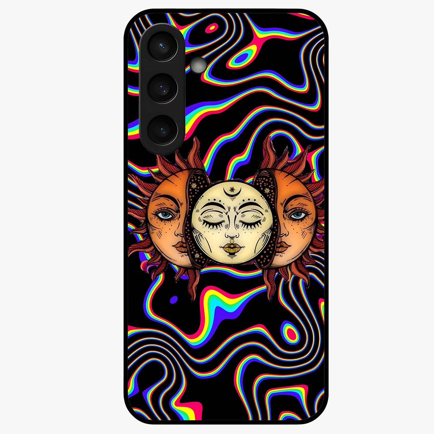 Psychedelic Sun Glass Case showing flat back view with colorful psychedelic sun artwork and glossy glass finish.