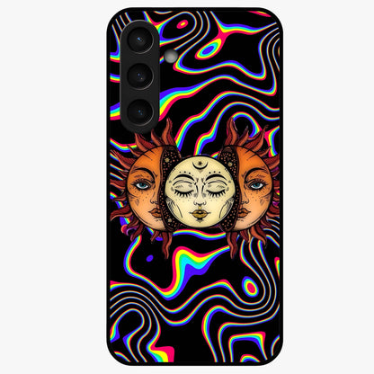 Psychedelic Sun Glass Case showing flat back view with colorful psychedelic sun artwork and glossy glass finish.