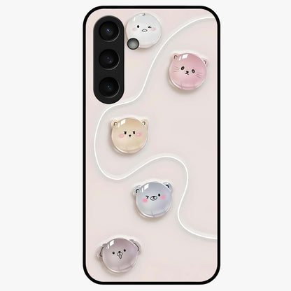 Puffy Face Parade Glass Case showing flat back view with cute puffy character faces artwork and glossy glass finish.