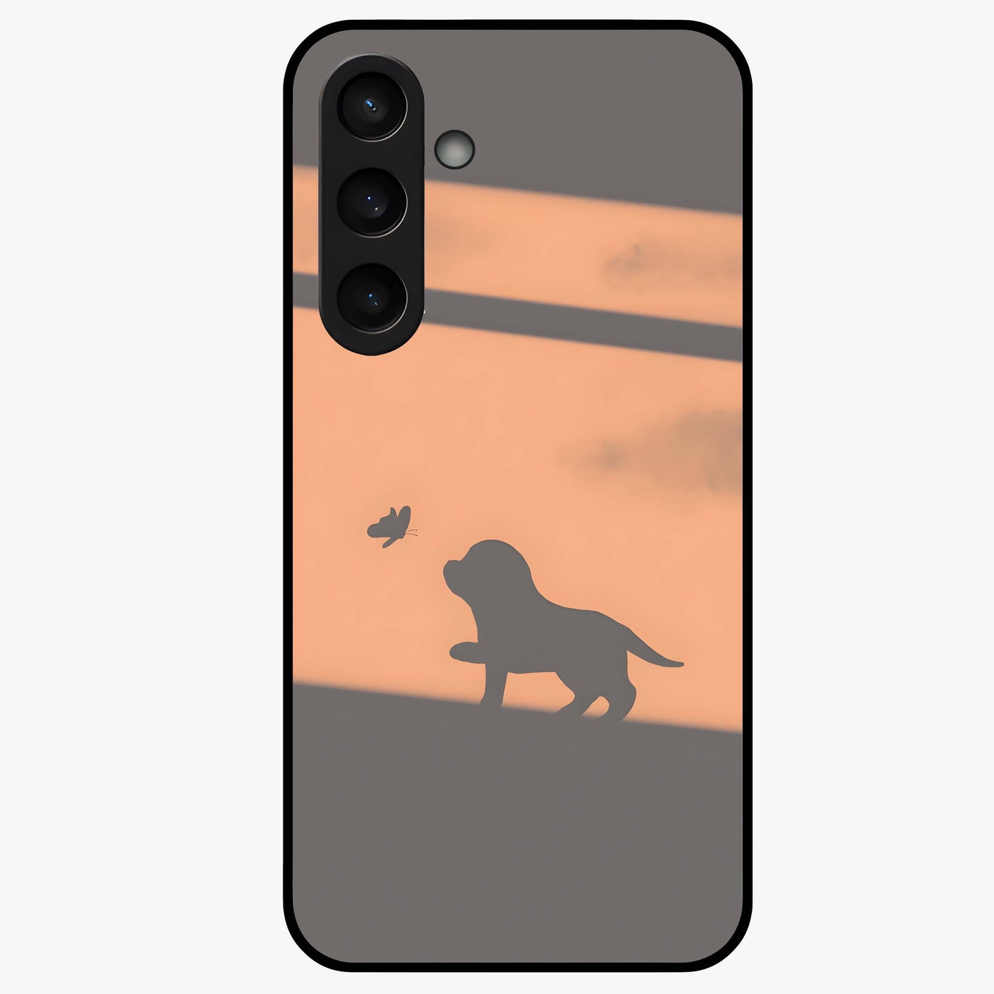 Puppy Shadow Art Glass Case showing flat back view with cute puppy shadow style artwork and glossy glass finish.