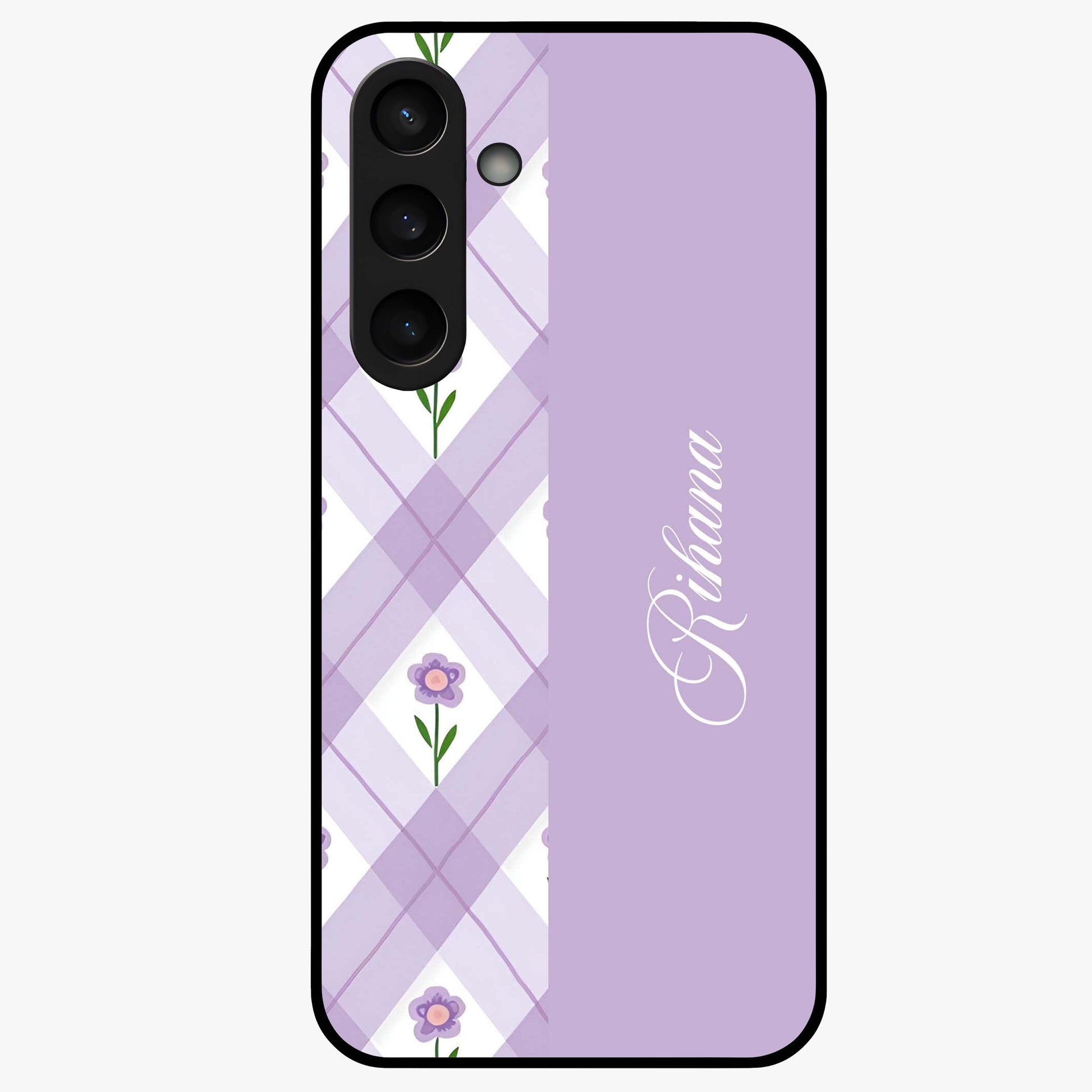 Purple Diamond Floral Glass Case showing flat back view with diamond shaped floral artwork and glossy glass finish.
