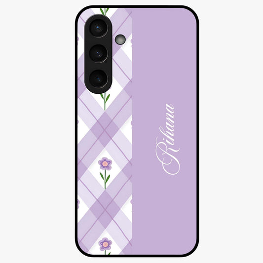 Purple Diamond Floral Glass Case showing flat back view with diamond shaped floral artwork and glossy glass finish.