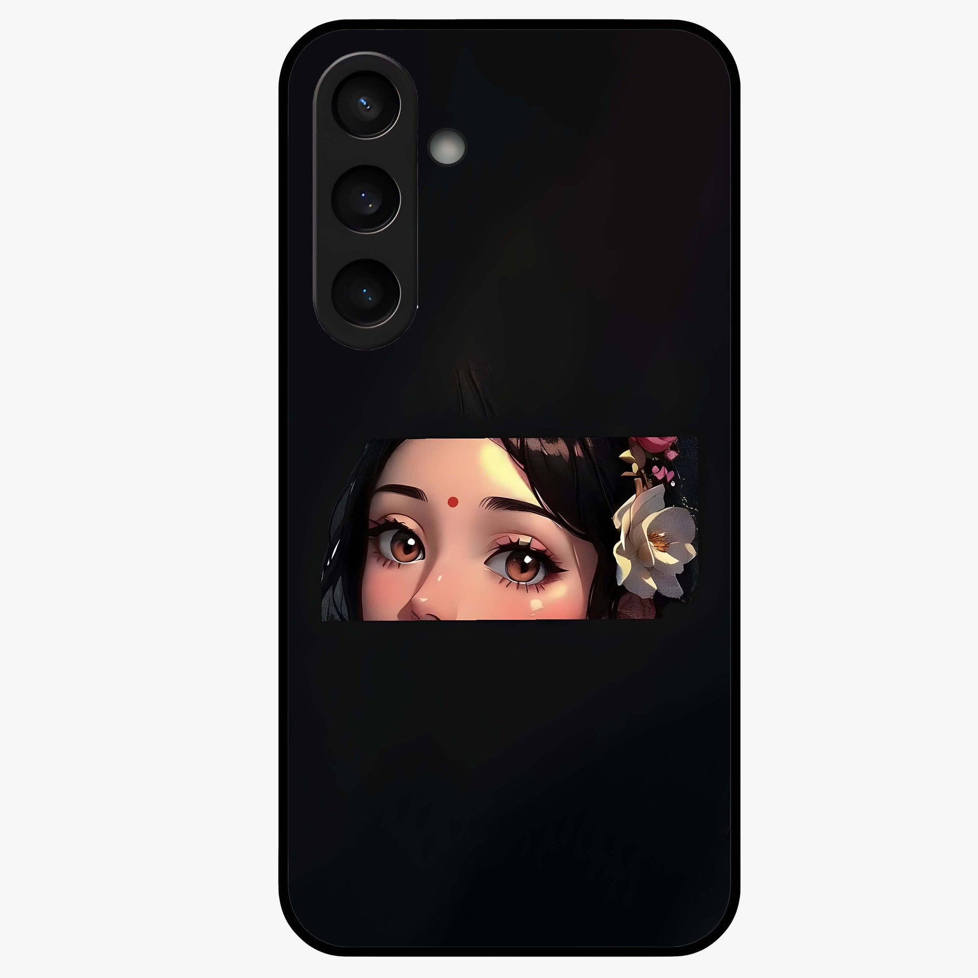 Radha Divine Embrace Glass Case showing flat back view with devotional Radha artwork and glossy glass finish.