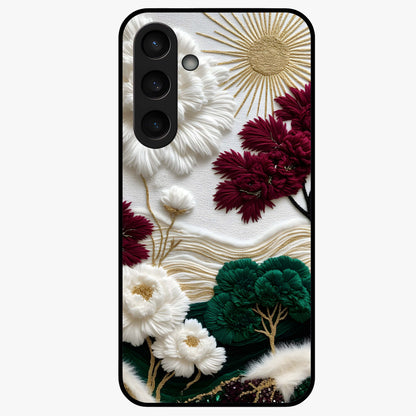 Radiant Bloom Elegance Glass Case showing flat back view with elegant blooming flower artwork and glossy glass finish.