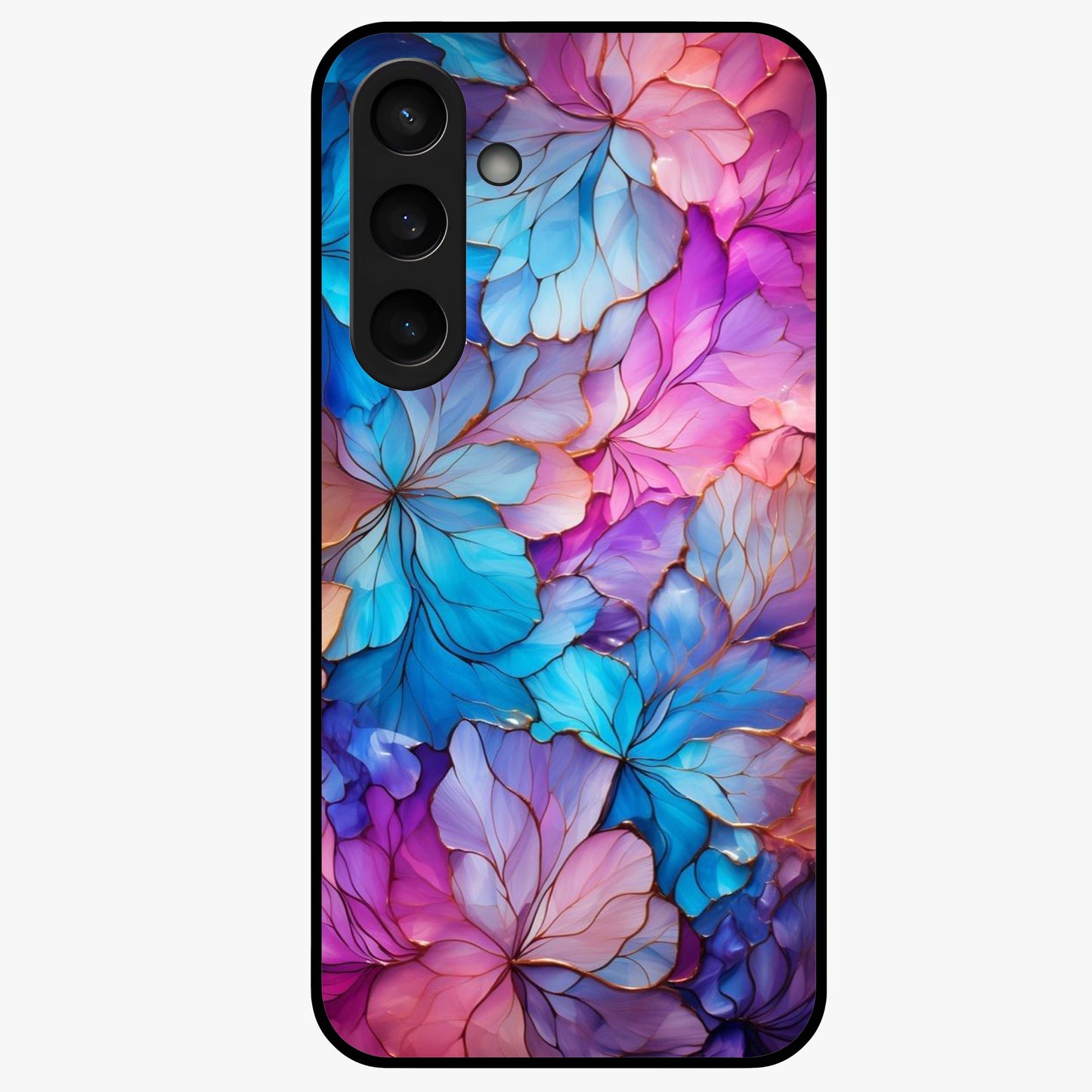 Radiant Floral Whirl Glass Case showing flat back view with swirling floral artwork and glossy glass finish.
