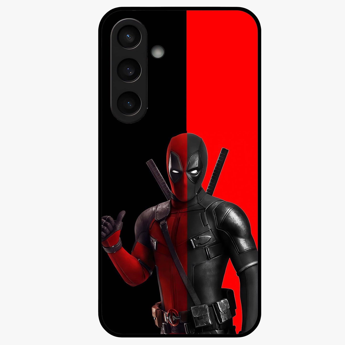 Red & Black Deadpool Theme Glass Case showing flat back view with bold comic inspired artwork and glossy glass finish.