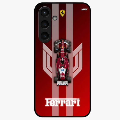 Red Ferrari F1 Vertical Glass Case showing flat back view with sleek Formula racing car artwork and glossy glass finish.
