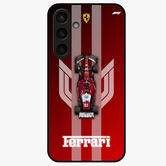 Red Ferrari F1 Vertical Glass Case showing flat back view with sleek Formula racing car artwork and glossy glass finish.