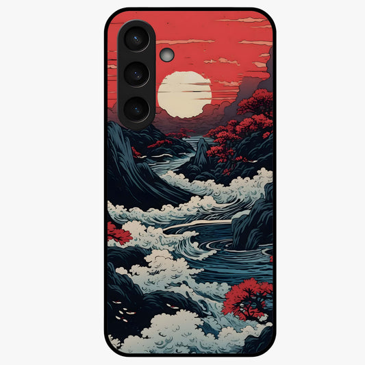 Red Sunset Scenery Glass Case showing flat back view with vibrant sunset landscape artwork and glossy glass finish.