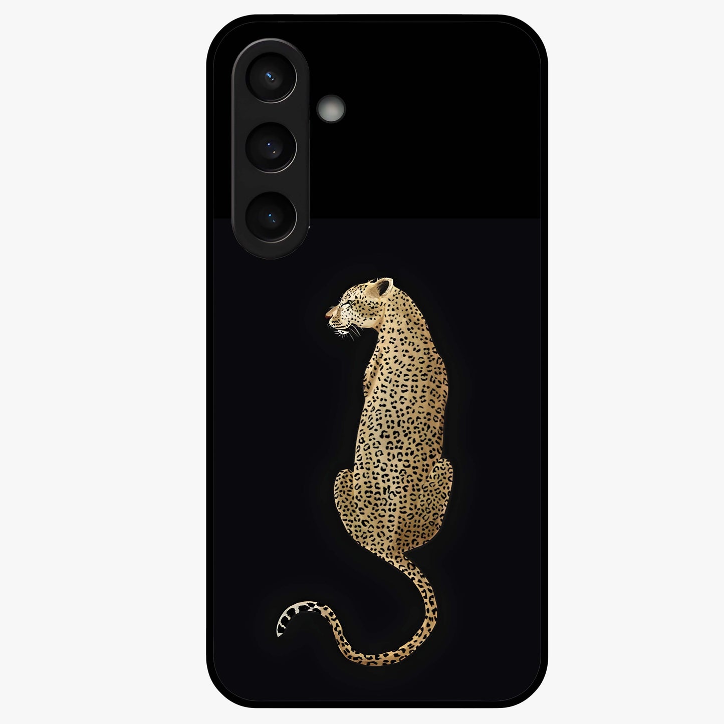 Regal Leopard Glass Case showing flat back view with bold leopard artwork and glossy glass finish.