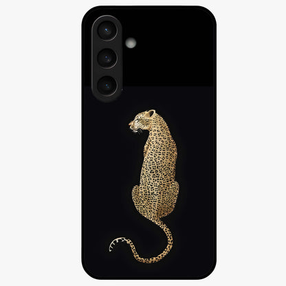 Regal Leopard Glass Case showing flat back view with bold leopard artwork and glossy glass finish.
