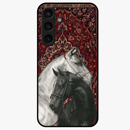 Regal Stallion Tapestry Glass Case showing flat back view with majestic horse tapestry artwork and glossy glass finish.