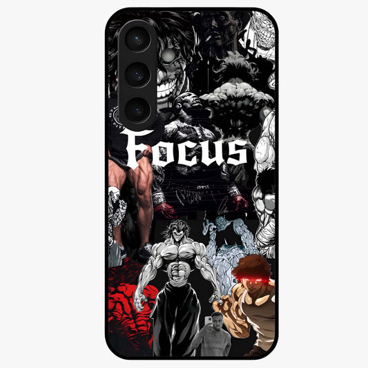 Relentless Power Focus Glass Case showing flat back view with motivational typography artwork and glossy glass finish.