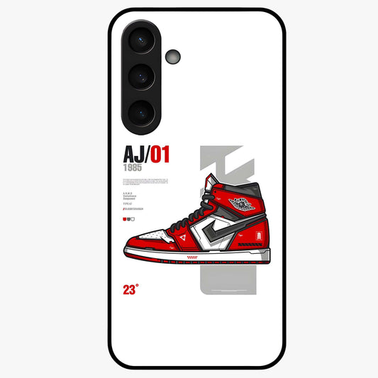 Retro Sneaker Blueprint Glass Case showing flat back view with sneaker blueprint style artwork and glossy glass finish.