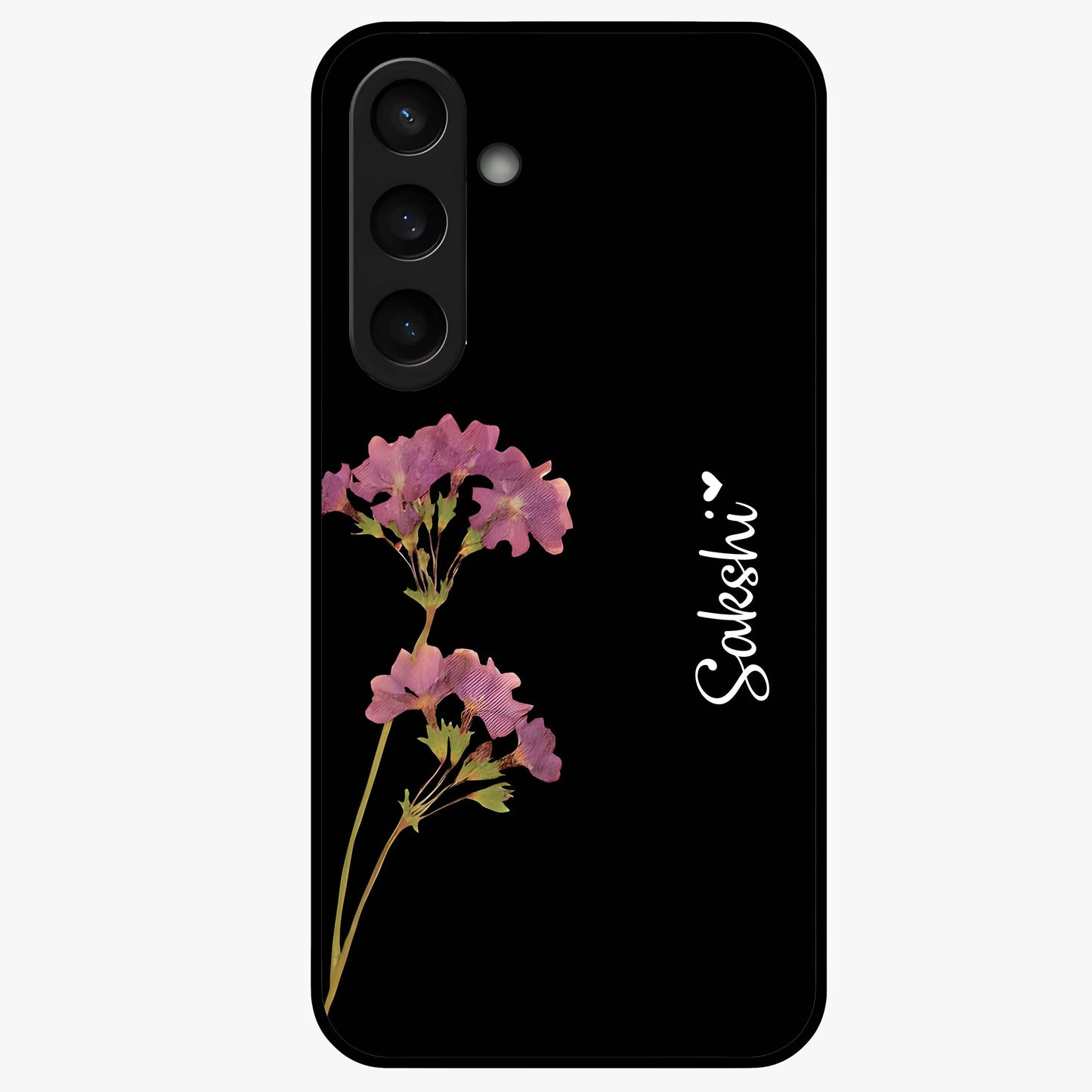 Riching Lavender Flower Custom Name Glass Case showing flat back view with lavender floral artwork and personalized name design.