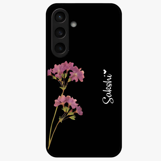 Riching Lavender Flower Custom Name Glass Case showing flat back view with lavender floral artwork and personalized name design.
