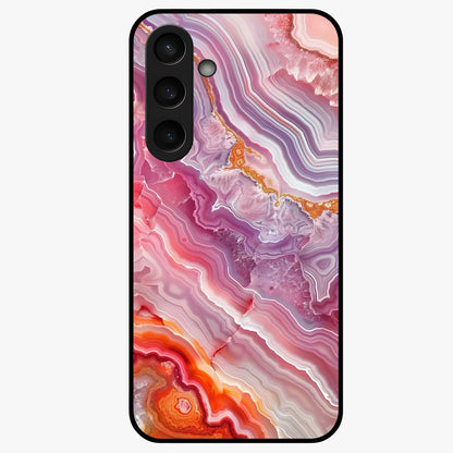 Rose Quartz Marble Glass Case showing flat back view with pink marble quartz texture artwork and glossy glass finish.