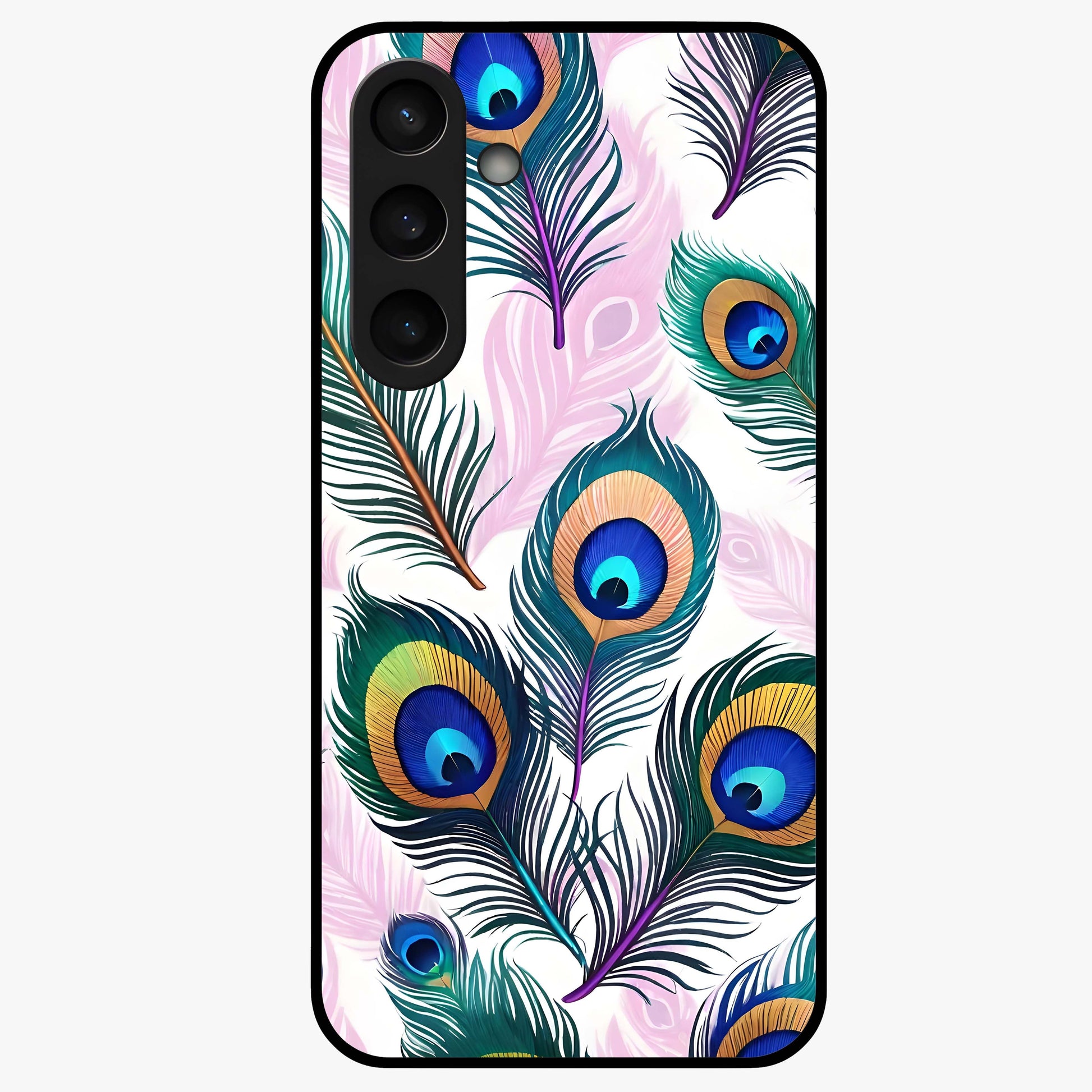 Royal Peacock Feathers Glass Case showing flat back view with colorful peacock feather artwork and glossy glass finish.