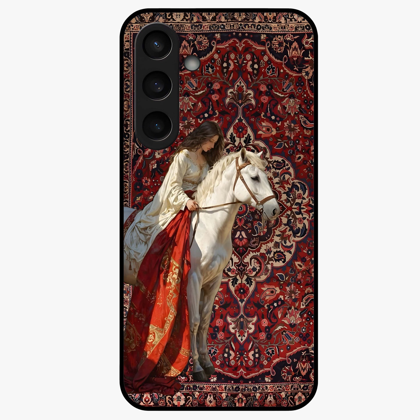Royal Rider Tapestry Glass Case showing flat back view with majestic horse rider tapestry artwork and glossy glass finish.