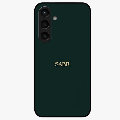 Sabr Minimal Patience Glass Case showing flat back view with minimalist typography artwork and glossy glass finish.