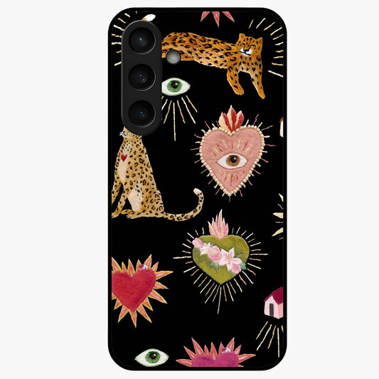 Sacred Jungle Heart Glass Case showing flat back view with jungle inspired heart artwork and glossy glass finish.