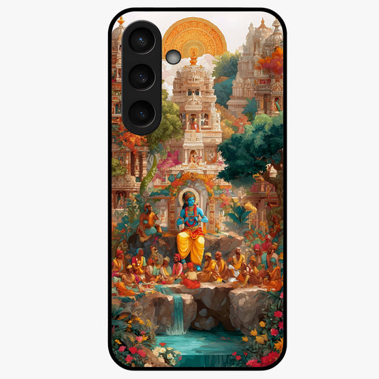 Sacred Sunlight Gods Glass Case showing flat back view with divine sunlight themed artwork and glossy glass finish.
