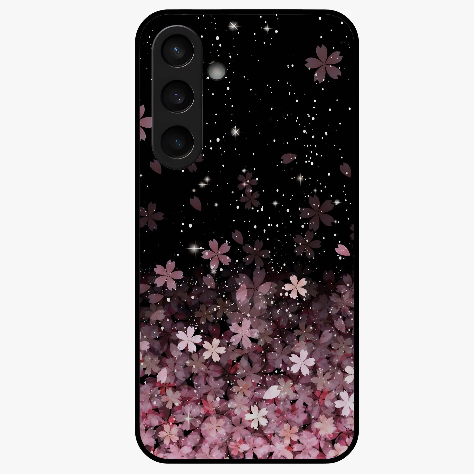 Small Starry Flowers Glass Case showing flat back view with delicate starry floral artwork and glossy glass finish.