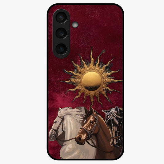 Solar Riders Glass Case showing flat back view with dynamic rider themed artwork and glossy glass finish.