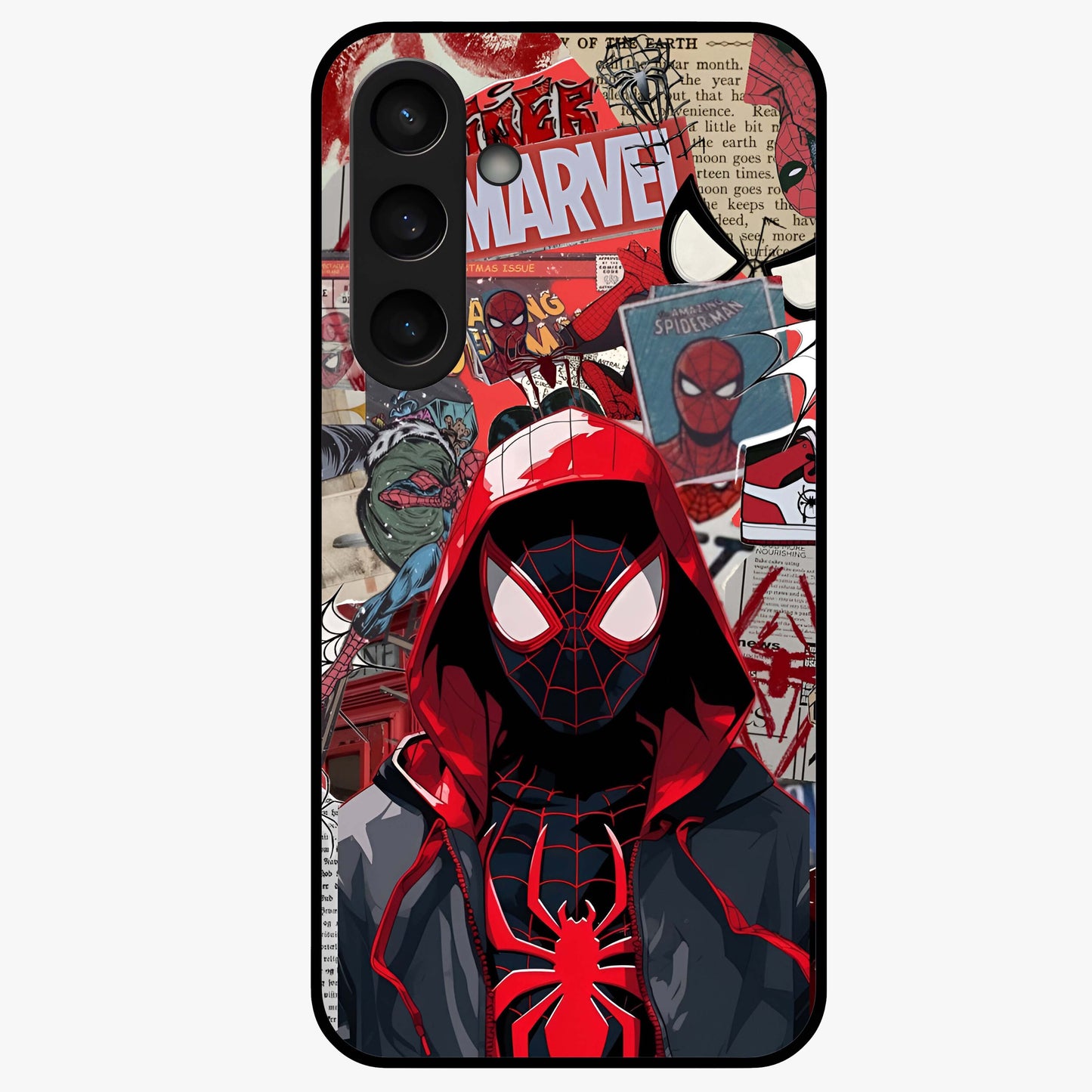 Spider Collage Street Glass Case showing flat back view with vibrant superhero collage artwork and glossy glass finish.