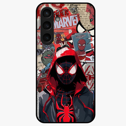 Spider Collage Street Glass Case showing flat back view with vibrant superhero collage artwork and glossy glass finish.