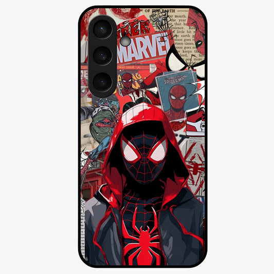 Spider Collage Street Glass Case showing flat back view with vibrant superhero collage artwork and glossy glass finish.