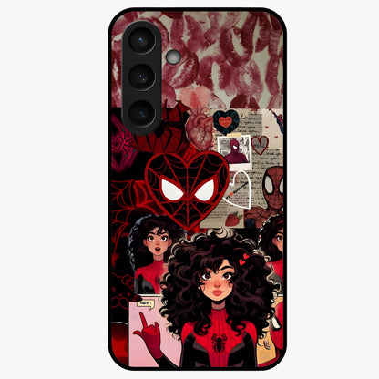 Spider Love Story Glass Case showing flat back view with romantic superhero themed artwork and glossy glass finish.