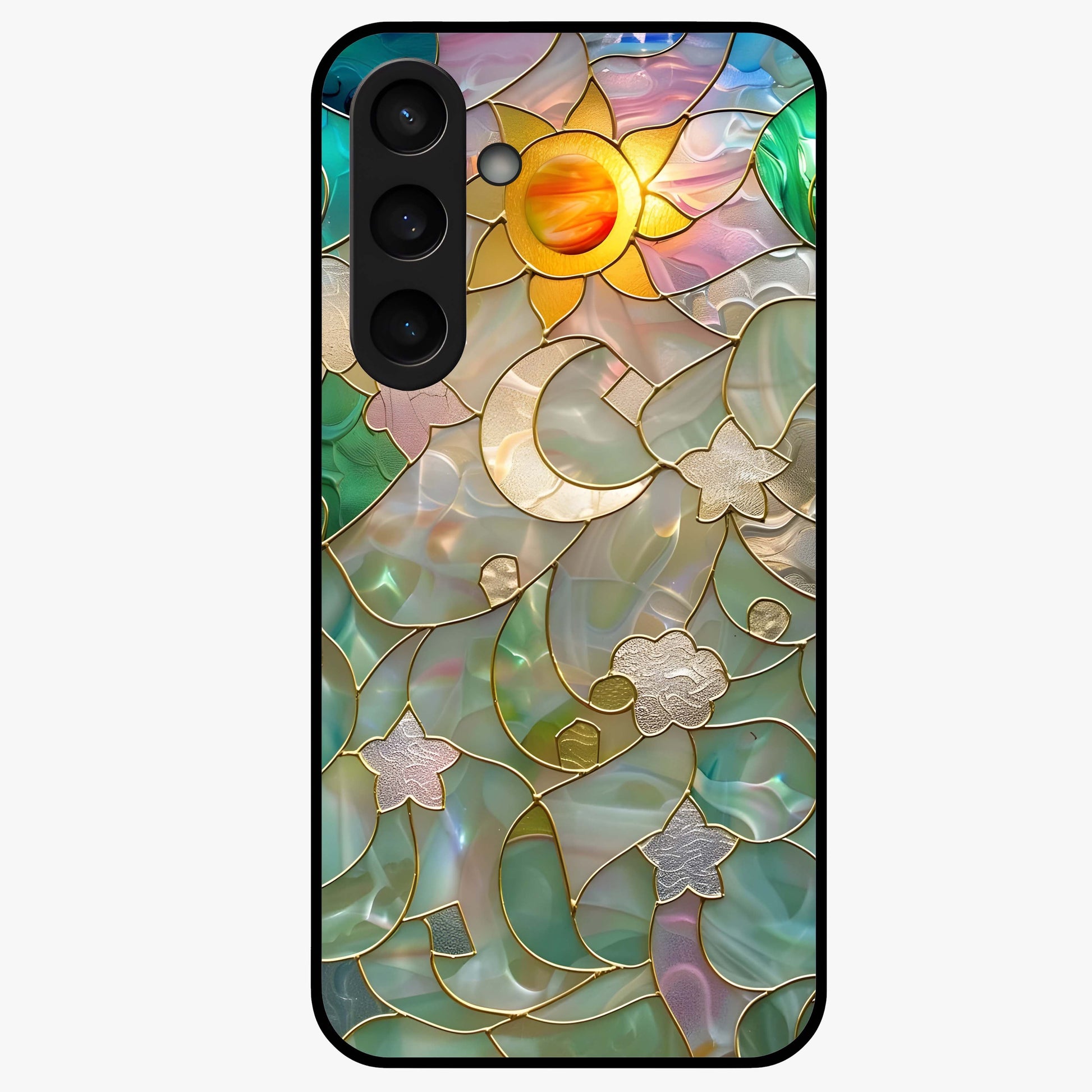 Stained Sunrise Glow Glass Case showing flat back view with glowing sunrise stained pattern artwork and glossy glass finish.