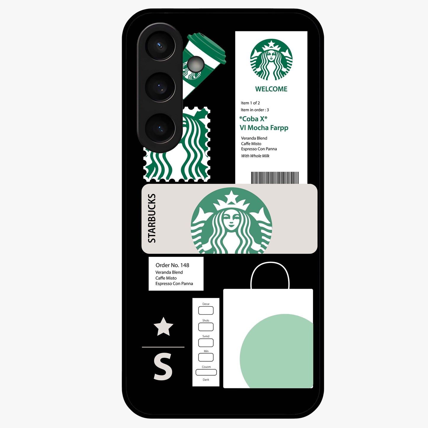 Starbucks Mocha Glass Case showing flat back view with coffee inspired artwork and glossy glass finish.