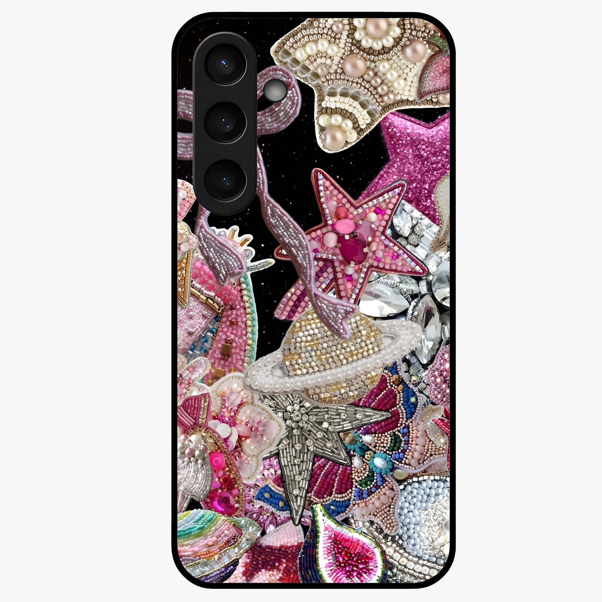 Starlit Jewel Dream Glass Case showing flat back view with sparkling jewel and star themed artwork and glossy glass finish.