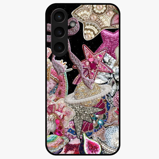 Starlit Jewel Dream Glass Case showing flat back view with sparkling jewel and star themed artwork and glossy glass finish.