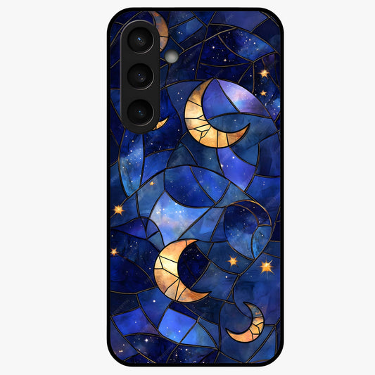 Starlit Sky Tapestry Glass Case showing flat back view with decorative starry sky tapestry artwork and glossy glass finish.