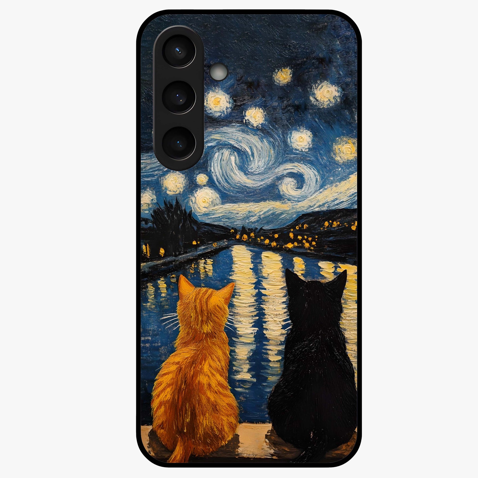 Starry River Cats Glass Case showing flat back view with cats by a starry river artwork and glossy glass finish.