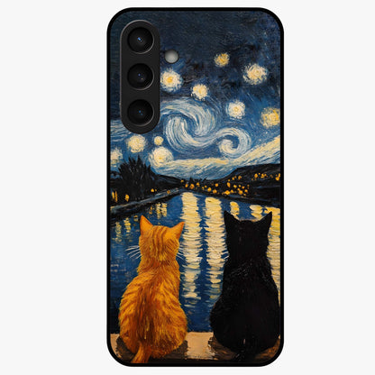Starry River Cats Glass Case showing flat back view with cats by a starry river artwork and glossy glass finish.