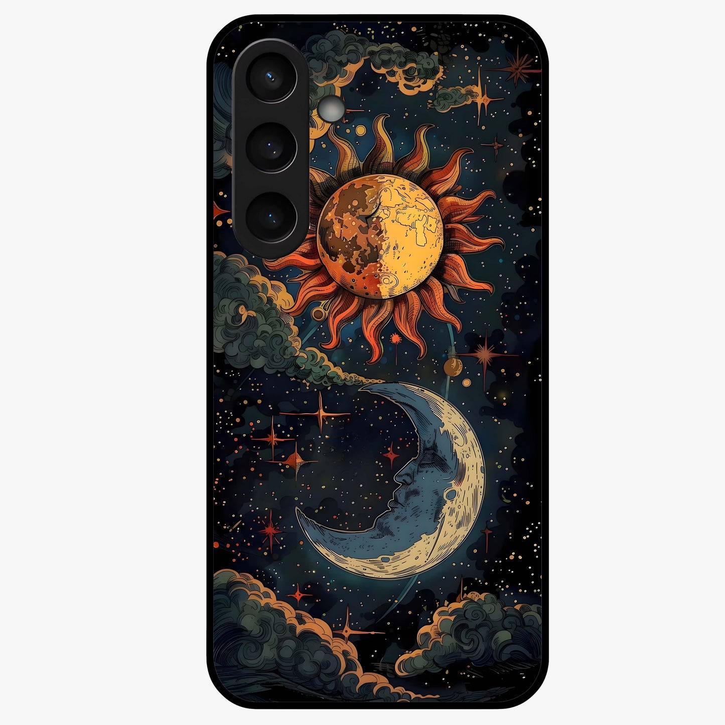 Sun And Moon Magic Design Glass Case showing flat back view with mystical sun and moon artwork and glossy glass finish.