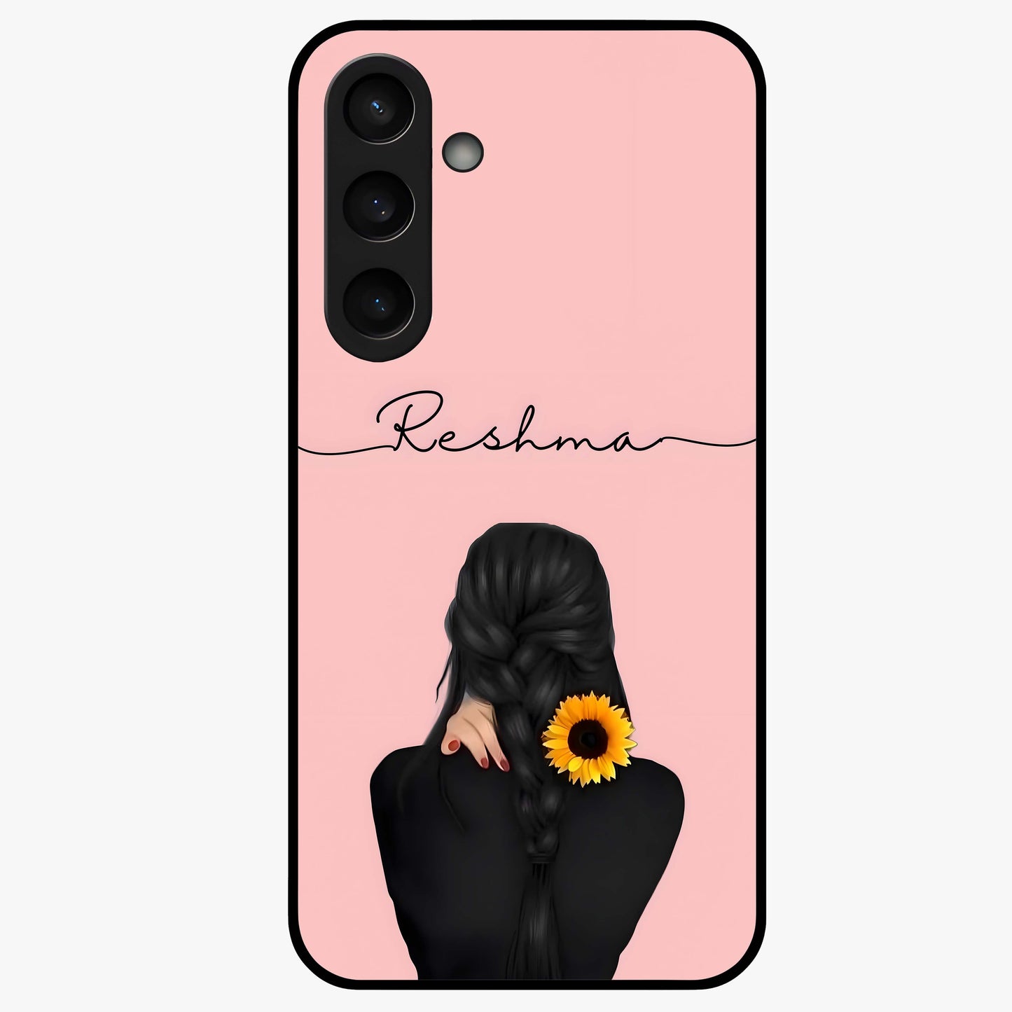 Sunflower Braid Beauty With Custom Name Glass Case showing flat back view with sunflower braid artwork and personalized name design.