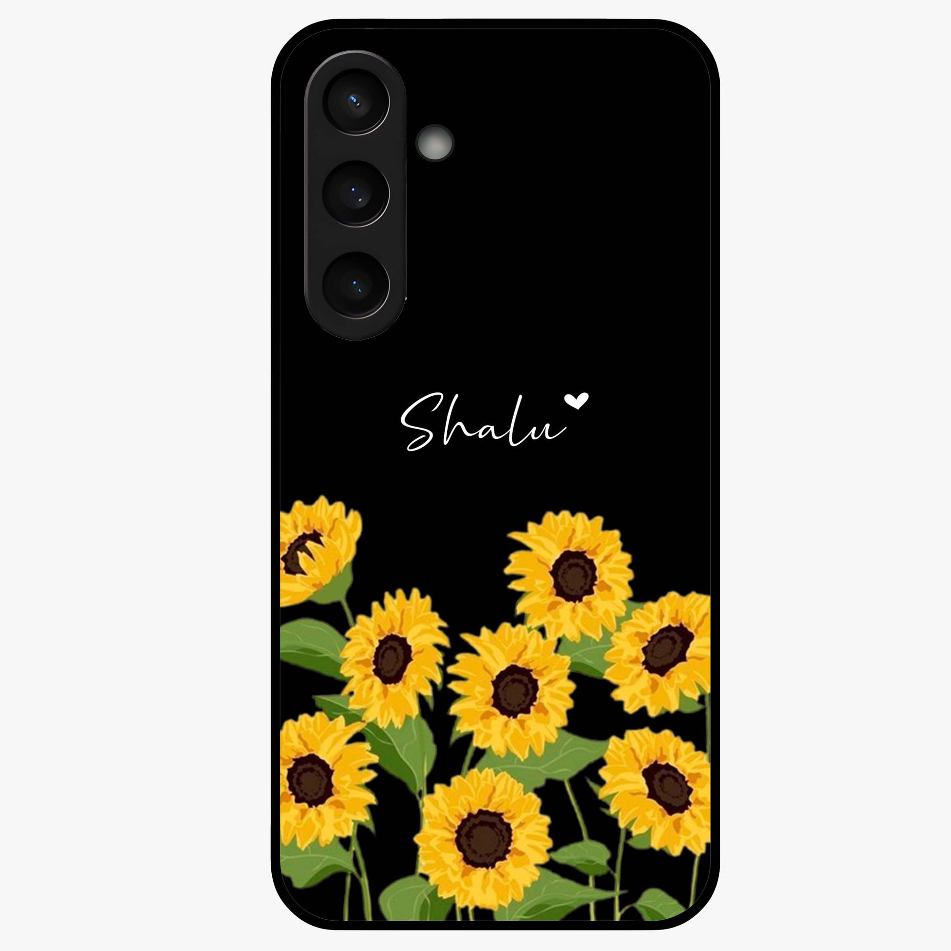 Sunflower Chic Mood Custom Name Glass Case showing flat back view with stylish sunflower artwork and personalized name design.