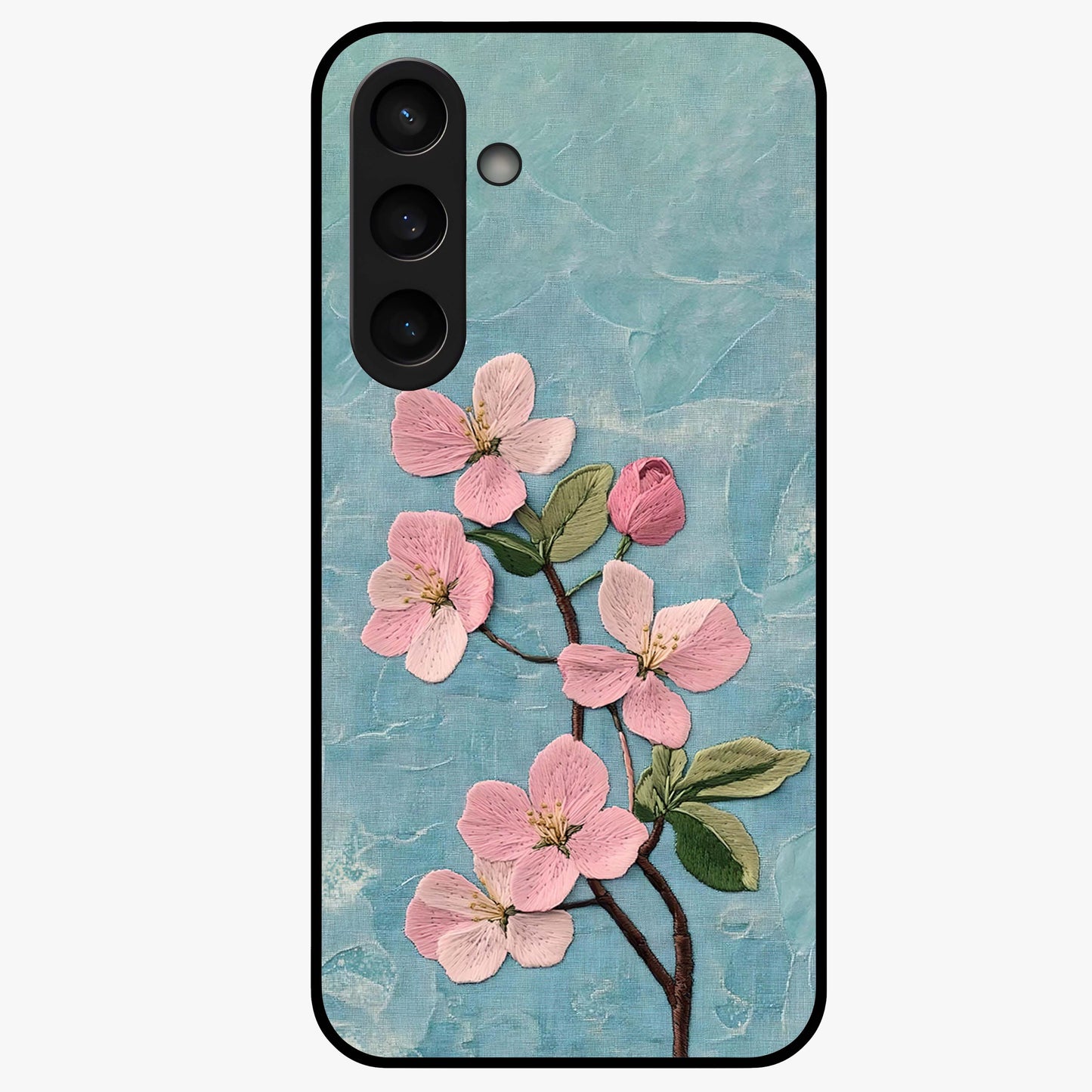 Threaded Blossom Breeze Glass Case showing flat back view with delicate blossom artwork and glossy glass finish.