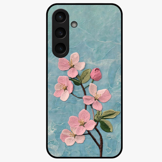 Threaded Blossom Breeze Glass Case showing flat back view with delicate blossom artwork and glossy glass finish.