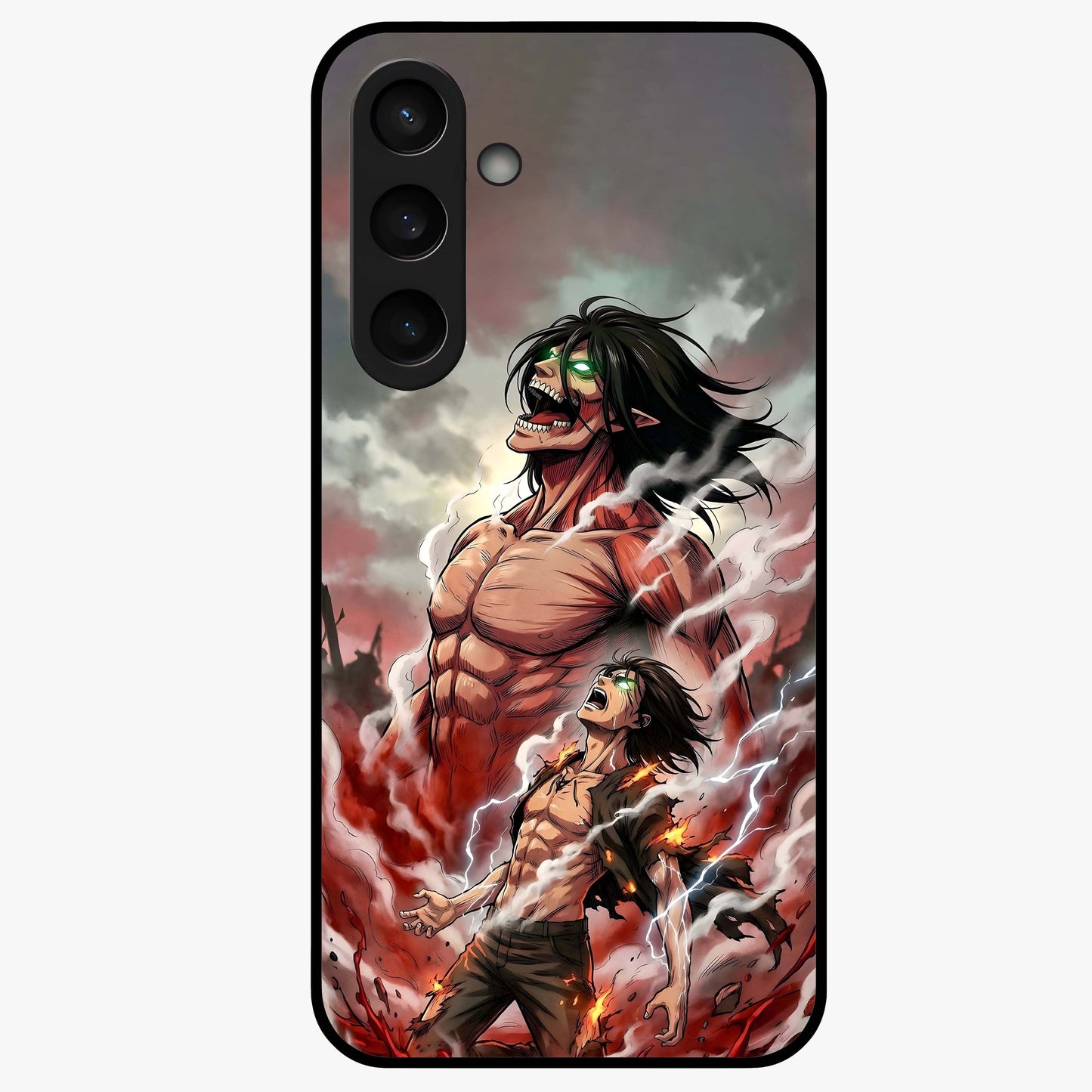 Titan Awakening Fury Glass Case showing flat back view with powerful titan inspired artwork and glossy glass finish.
