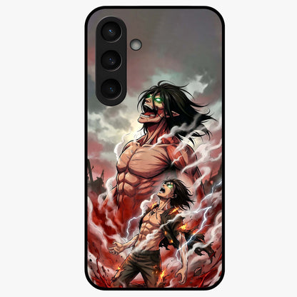 Titan Awakening Fury Glass Case showing flat back view with powerful titan inspired artwork and glossy glass finish.